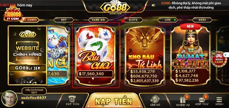 Chọn biểu tượng bầu cua tại mục game tại giao diện chính go88